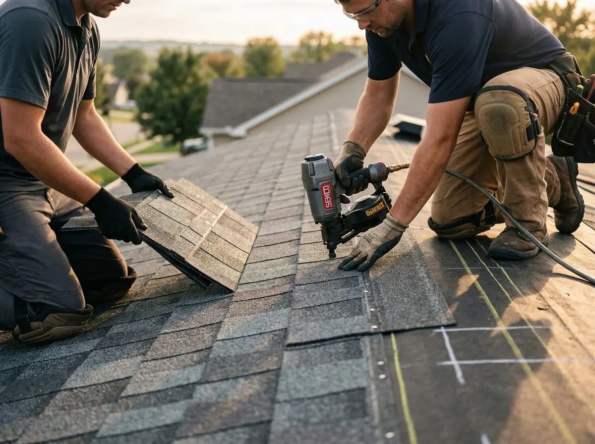 Professional roofer working on a residential roof in Swannanoa